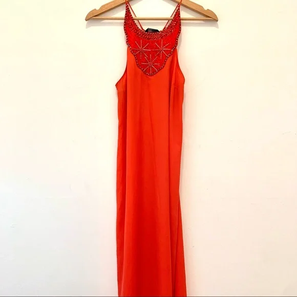 Moda International | Dresses | Moda International Maxi Halter Dress Bright Coral  Beaded
